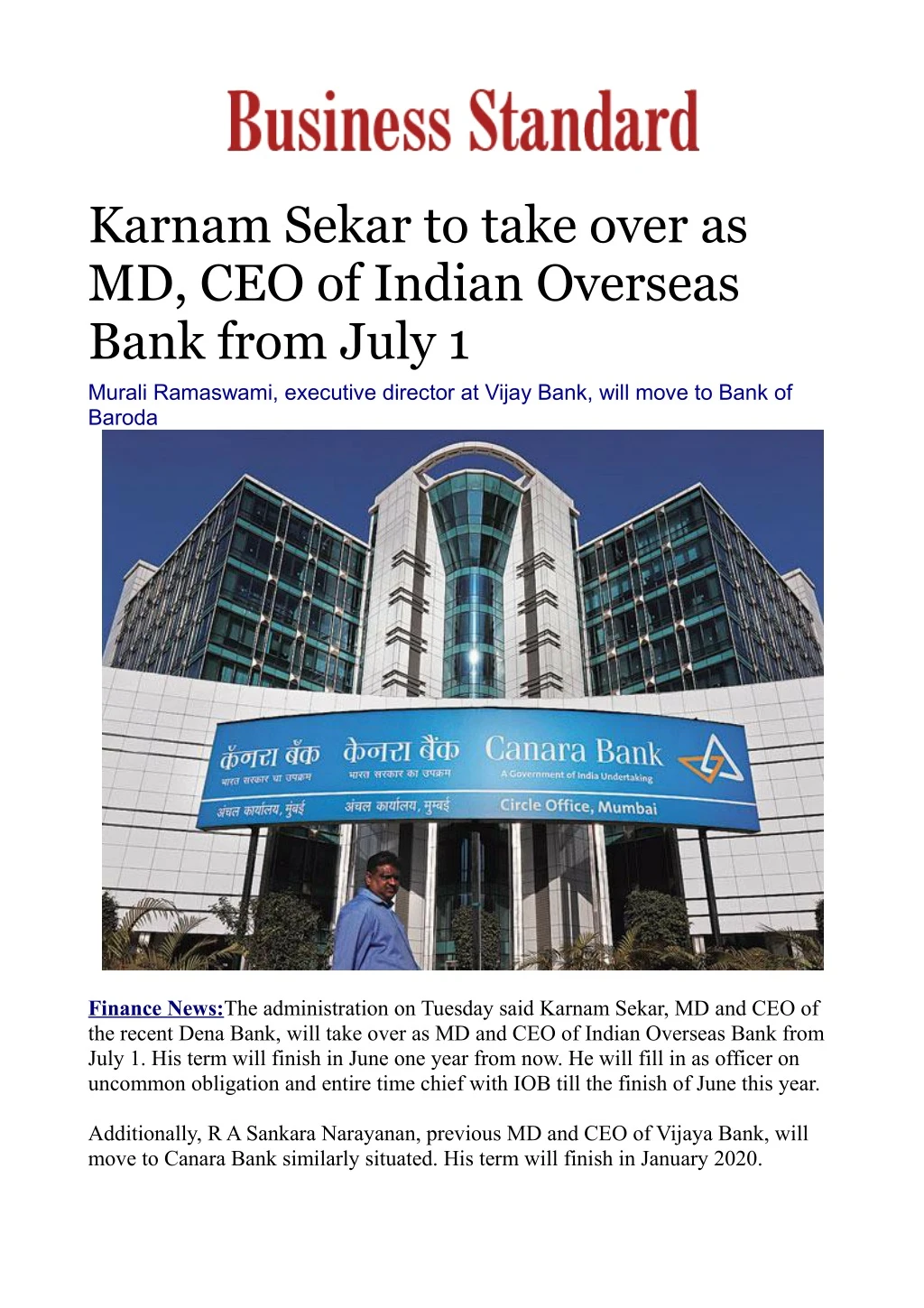 karnam sekar to take over as md ceo of indian