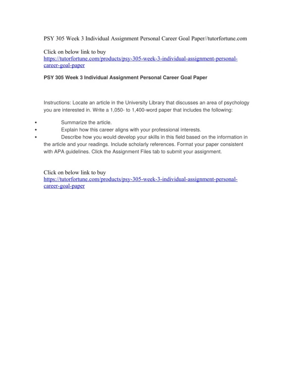 PSY 305 Week 3 Individual Assignment Personal Career Goal Paper//tutorfortune.com