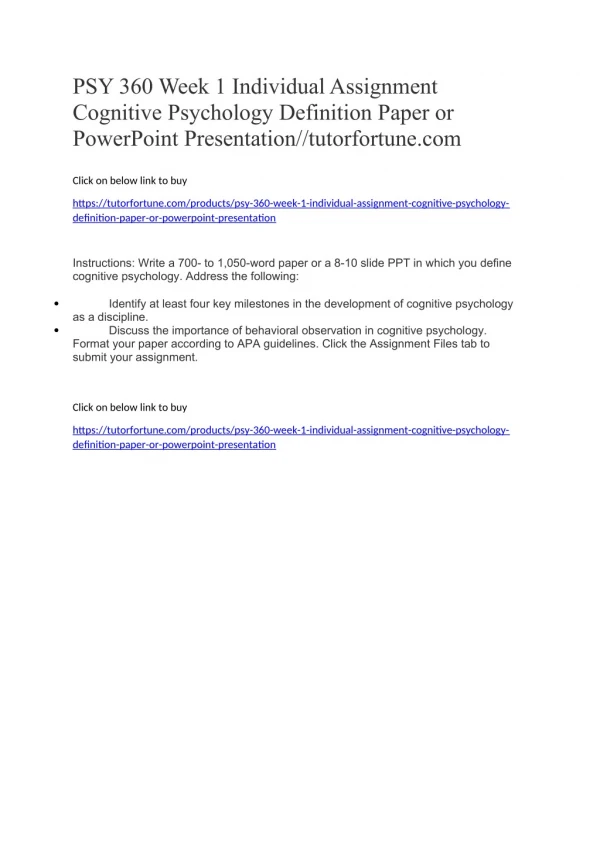 PSY 360 Week 1 Individual Assignment Cognitive Psychology Definition Paper or PowerPoint Presentation//tutorfortune.com