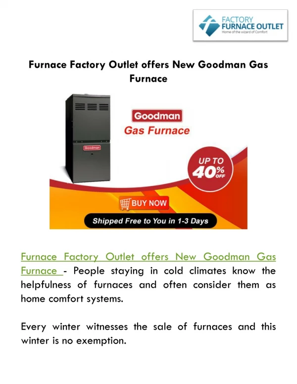 Furnace Factory Outlet offers New Goodman Gas Furnace
