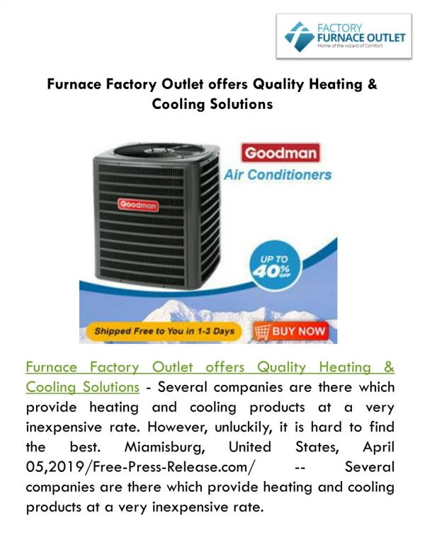 Furnace Factory Outlet offers Quality Heating & Cooling Solutions