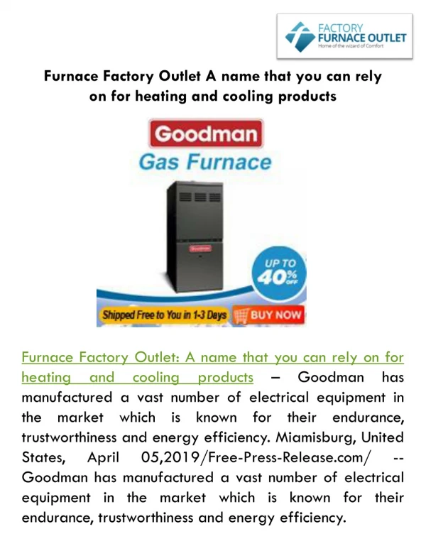 Furnace Factory Outlet: A name that you can rely on for heating and cooling products