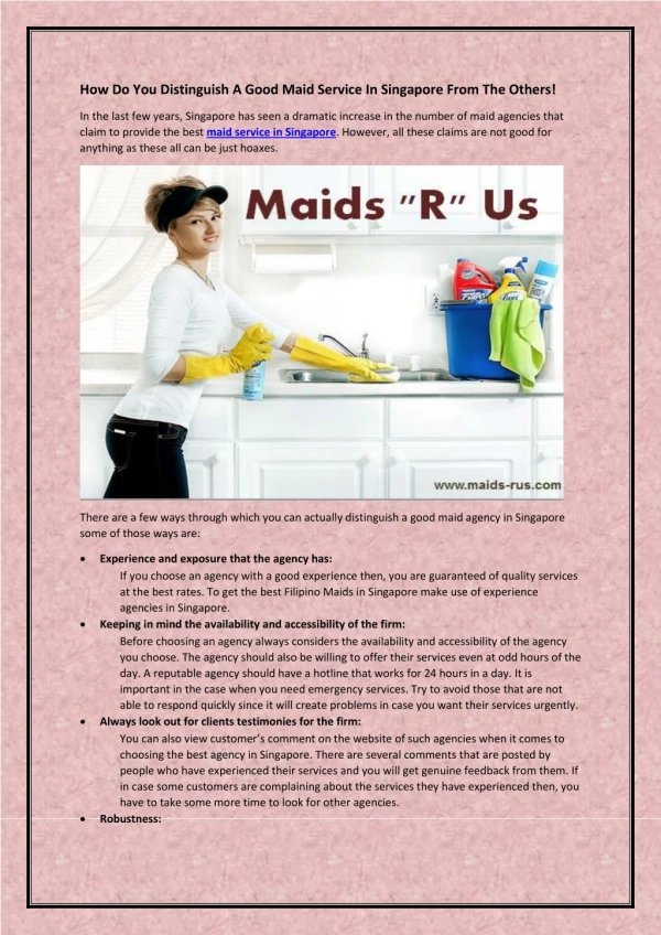 How Do You Distinguish A Good Maid Service In Singapore From The Others!