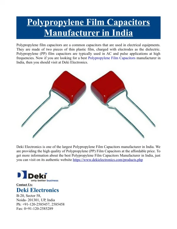Polypropylene Film Capacitors Manufacturer in India