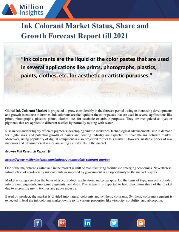 Ink Colorant Market Status, Share and Growth Forecast Report till 2021