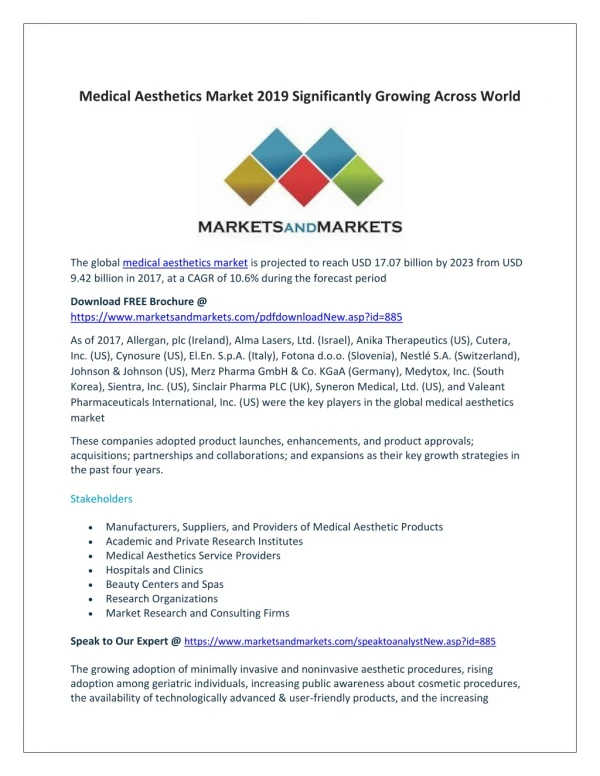 Medical Aesthetics Market 2019 Significantly Growing Across World