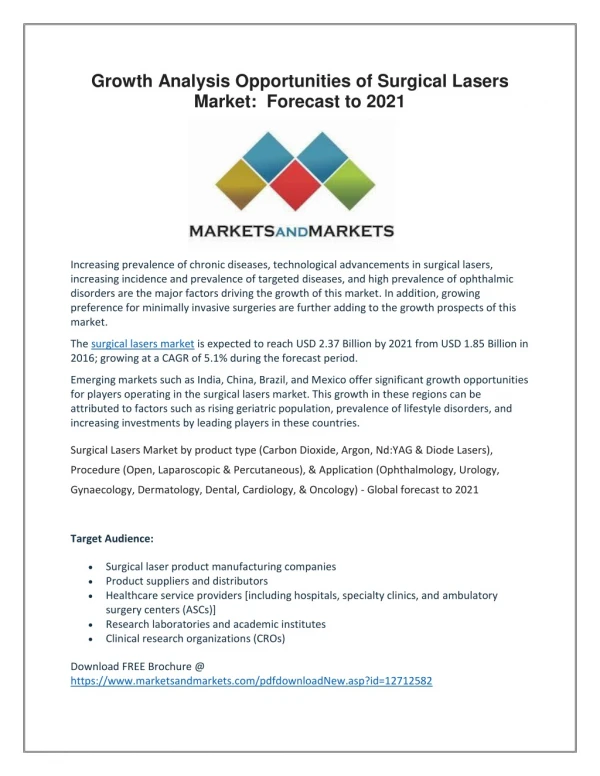 Growth Analysis Opportunities of Surgical Lasers Market: Forecast to 2021