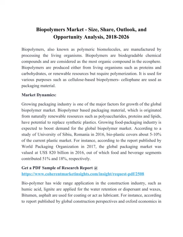 Biopolymers Market - Size, Share, Outlook, and Opportunity Analysis, 2018-2026