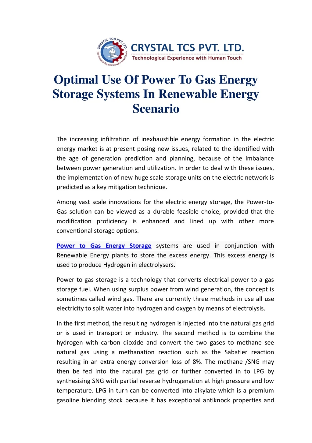 optimal use of power to gas energy storage
