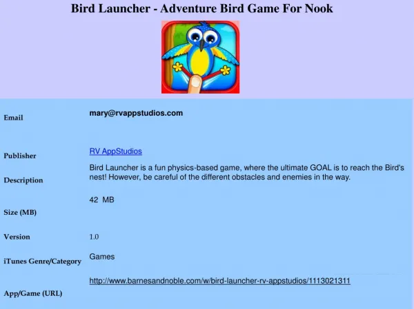 Bird Launcher - Adventure Bird Game For Nook