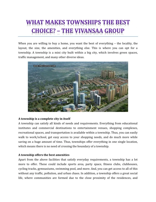 What Makes Townships The Best Choice? - The Vivansaa