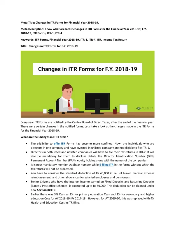 Changes in ITR Forms for Financial Year 2018-19