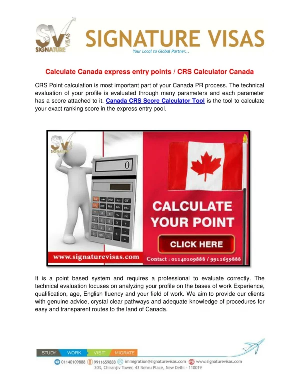 CRS Score points calculator for Canada permanent residency