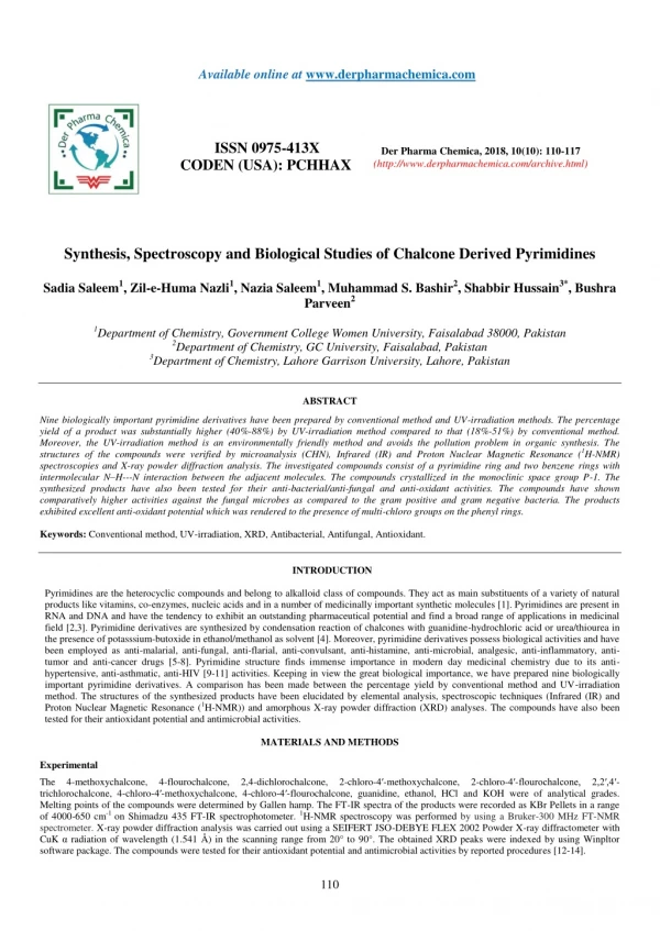 Synthesis, Spectroscopy and Biological Studies of Chalcone Derived Pyrimidines