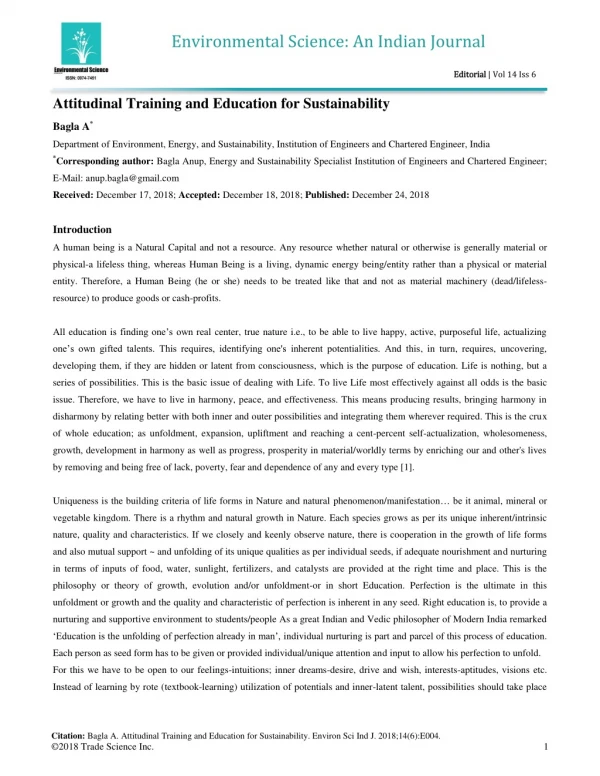 Attitudinal Training and Education for Sustainability