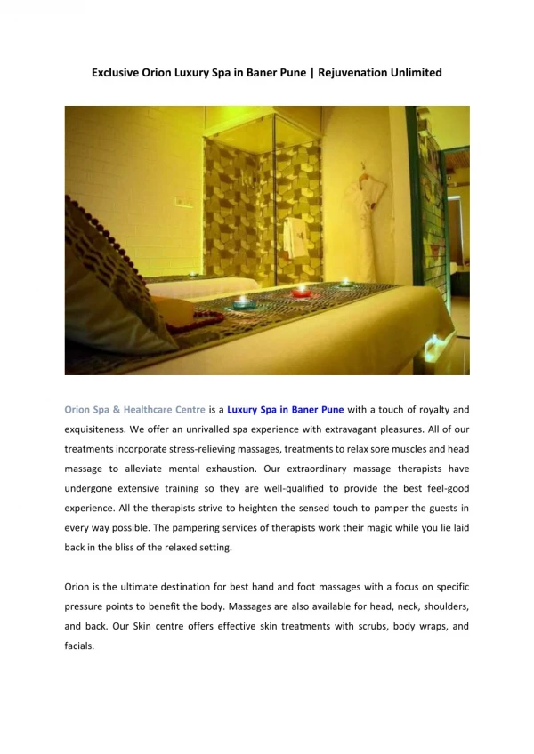Exclusive Orion Luxury Spa in Baner Pune | Rejuvenation Unlimited