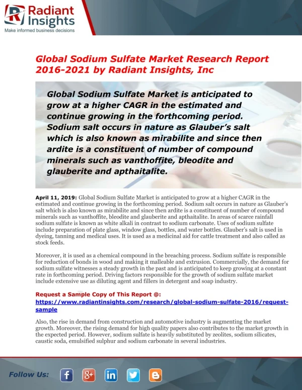 Sodium Sulfate Market Global Insights, Future Trend & Forecast to 2021