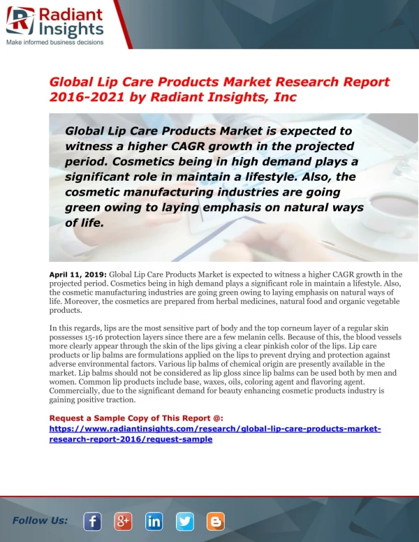 Lip Care Products Market Report 2016-2021 | Latest Trend, Growth & Forecast