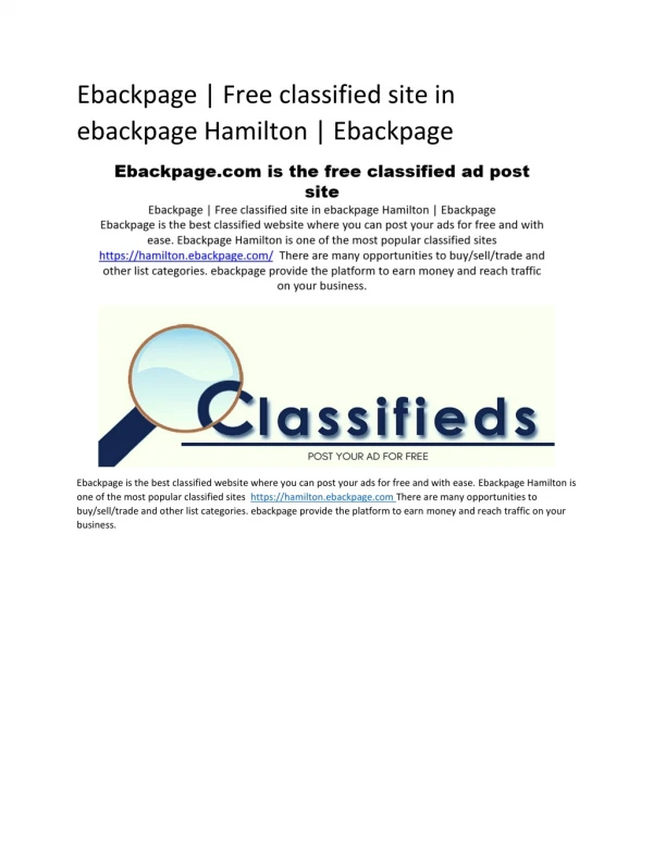 Ebackpage | Free classified site in ebackpage Hamilton | Ebackpage