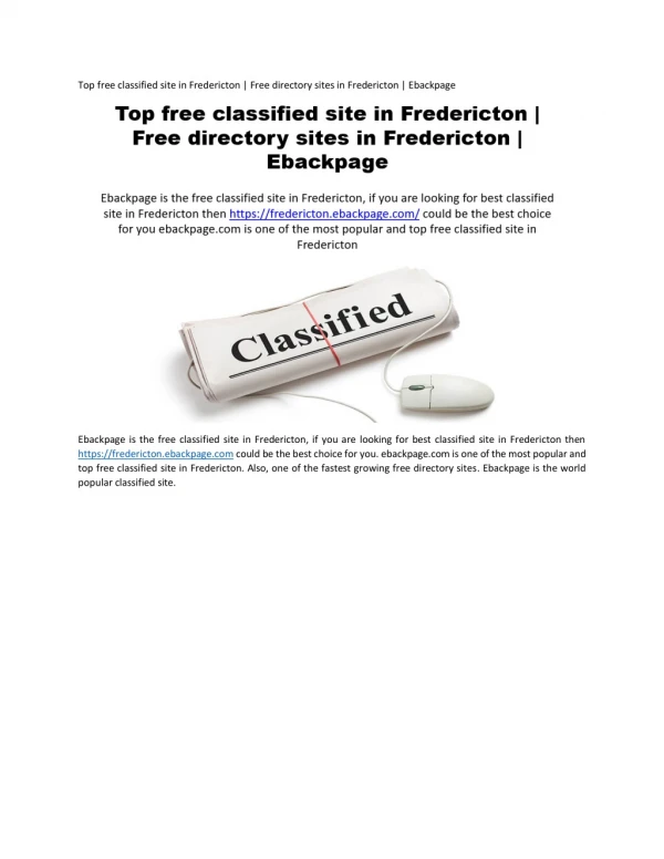 Top free classified site in Fredericton | Free directory sites in Fredericton | Ebackpage
