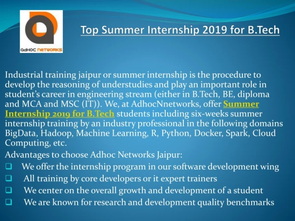 Top Summer Internship 2019 for B.Tech