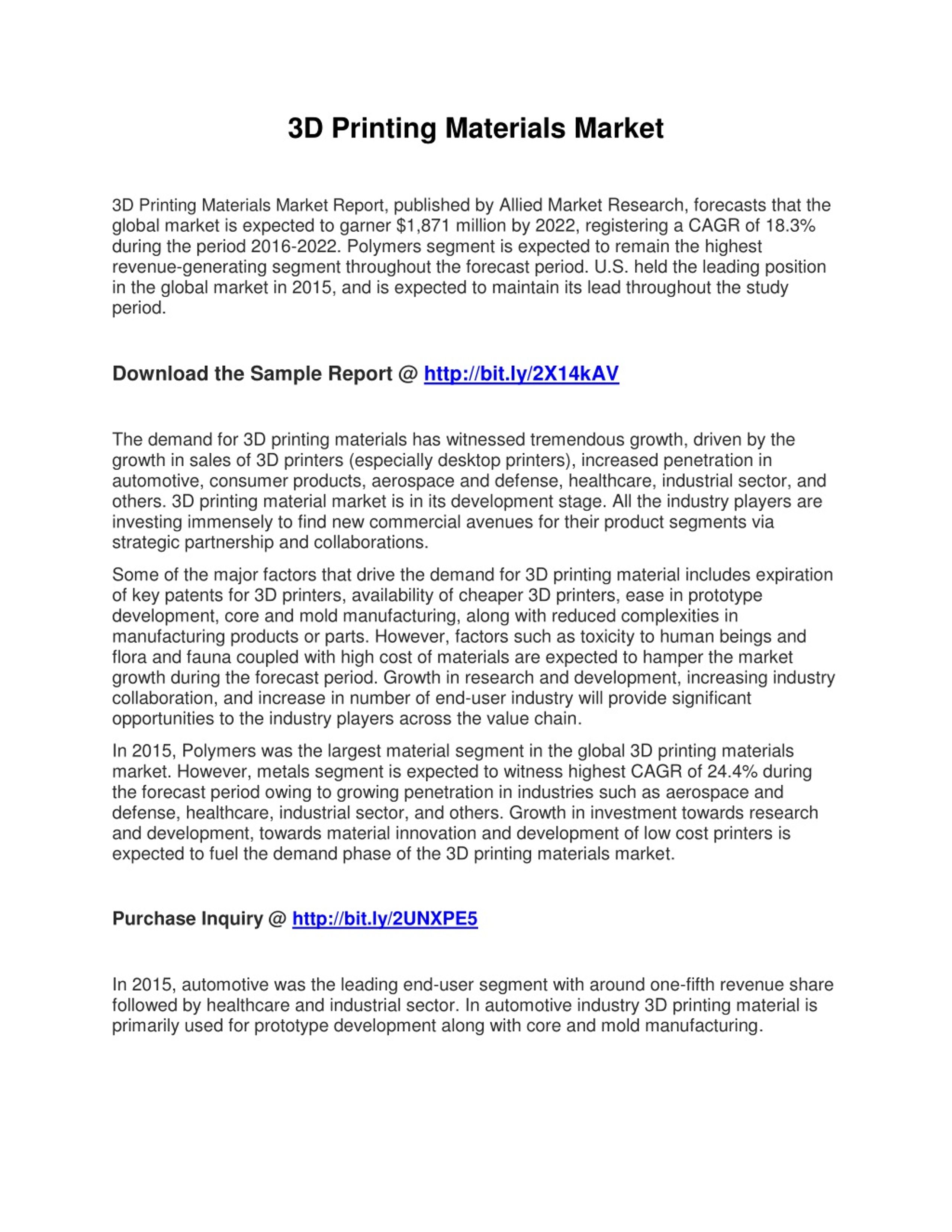 PPT - 3D Printing Materials Market to Reach $1,871 Million, Globally ...