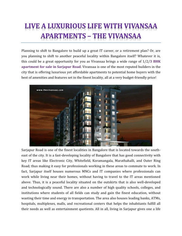 Live A Luxurious Life With Vivansaa Apartments - The Vivansaa