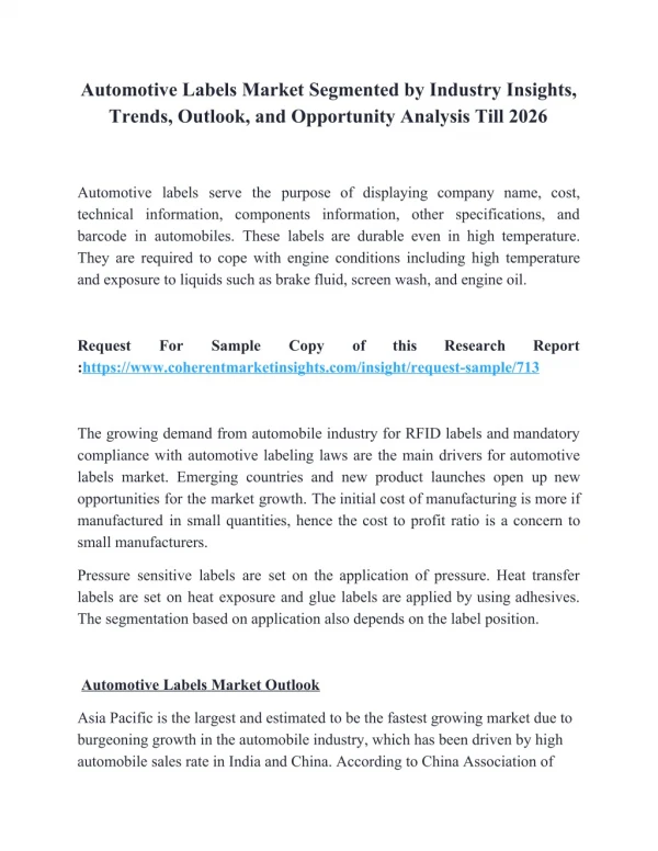 Automotive Labels Market Segmented by Industry Insights, Trends, Outlook, and Opportunity Analysis Till 2026