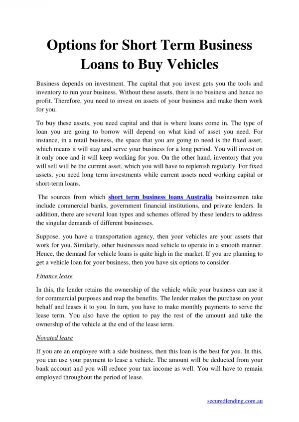 Options for Short Term Business Loans to Buy Vehicles