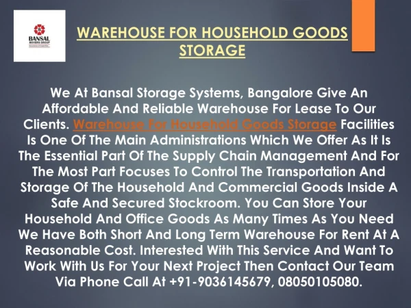 WAREHOUSE FOR HOUSEHOLD GOODS STORAGE