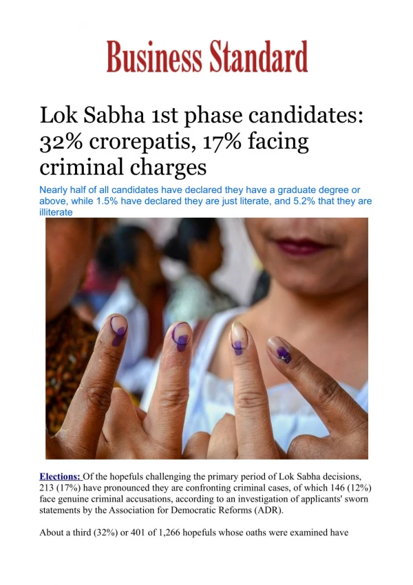 Lok Sabha 1st phase candidates: 32% crorepatis, 17% facing criminal charges