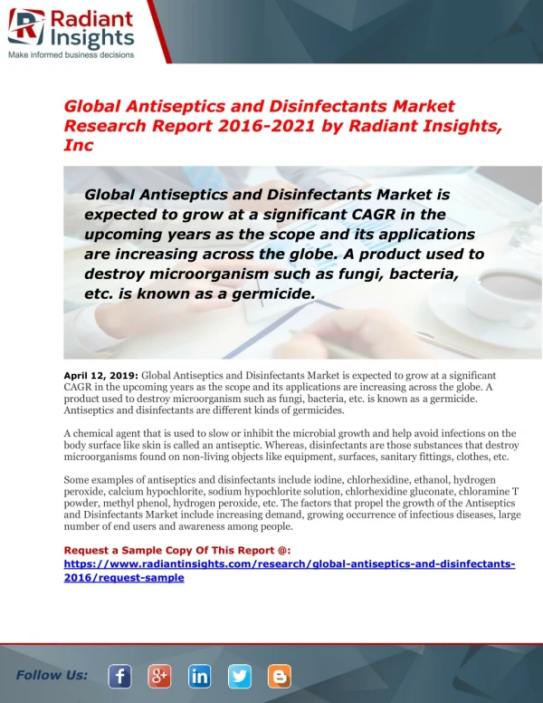 Antiseptics and Disinfectants Market Size Estimated to Observe Significant Growth by 2021