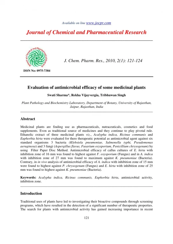 Evaluation of antimicrobial efficacy of some medicinal plants
