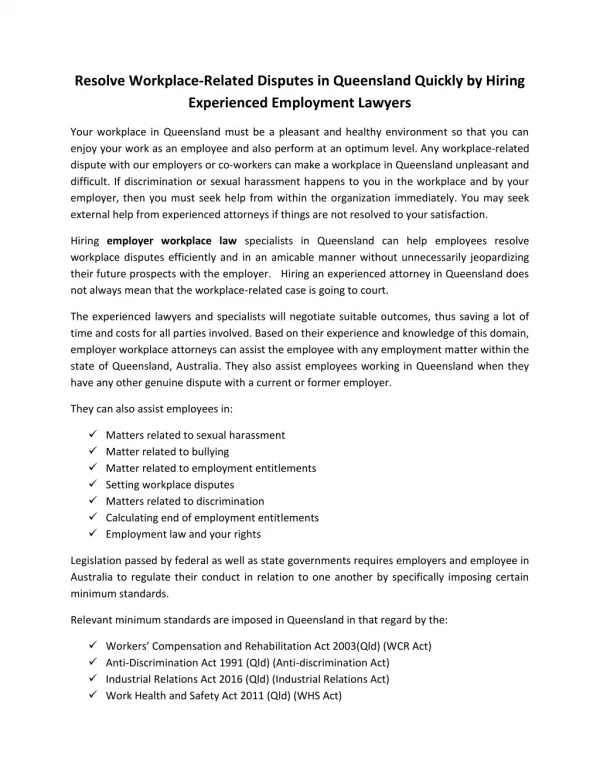 Resolve Workplace-Related Disputes in Queensland Quickly by Hiring Experienced Employment Lawyers