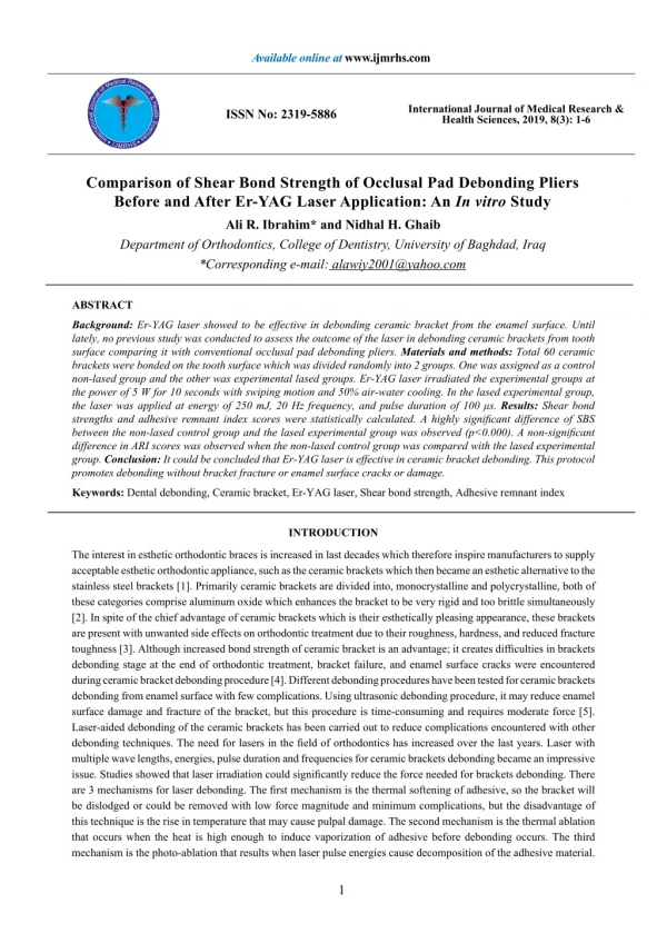 Comparison of Shear Bond Strength of Occlusal Pad Debonding Pliers Before and After Er-YAG Laser Application: An In vitr