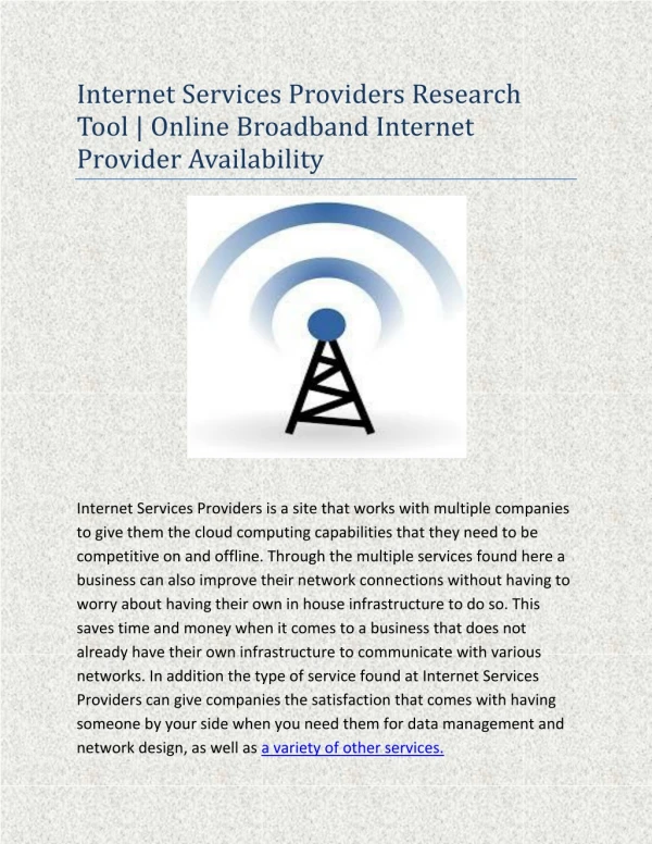 Internet Services Providers Research Tool | Online Broadband Internet Provider Availability