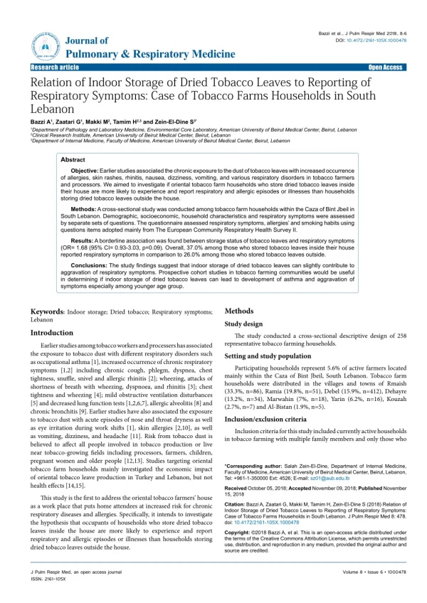 Relation of Indoor Storage of Dried Tobacco Leaves to Reporting of Respiratory Symptoms: Case of Tobacco Farms Household