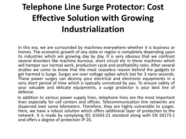 Telephone Line Surge Protector: Cost Effective Solution with Growing Industrialization
