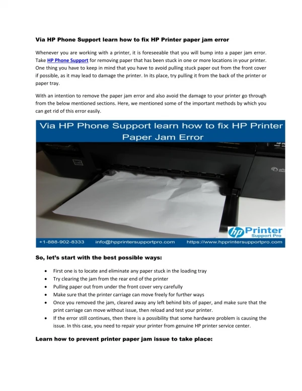 Via HP Phone Support learn how to fix HP Printer paper jam error