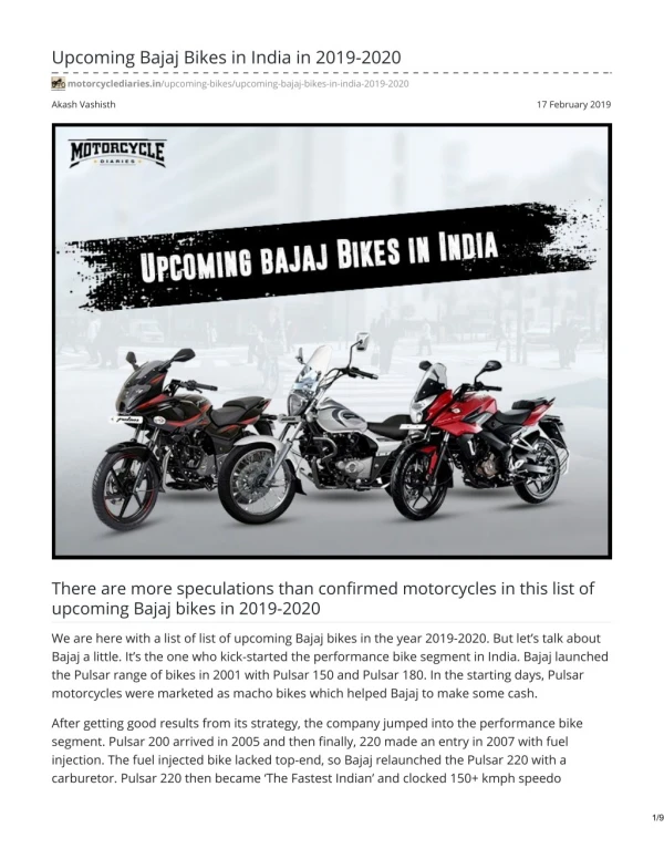 Upcoming Bajaj Bikes in India 2019-2020 - MotorCycleDiaries.in