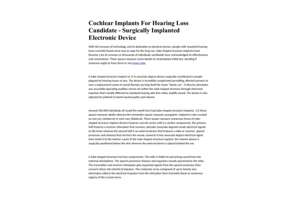 Cochlear Implants For Hearing Loss Candidate - Surgically Implanted Electronic Device
