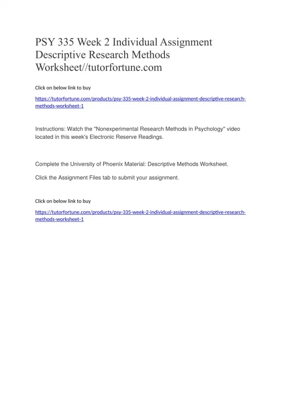 PSY 335 Week 2 Individual Assignment Descriptive Research Methods Worksheet//tutorfortune.com
