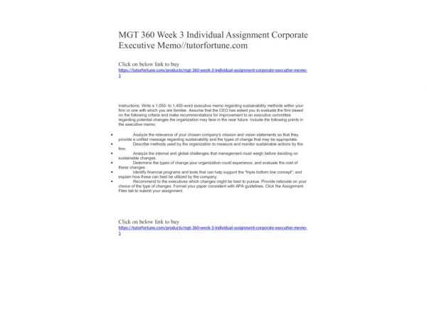MGT 360 Week 3 Individual Assignment Corporate Executive Memo//tutorfortune.com