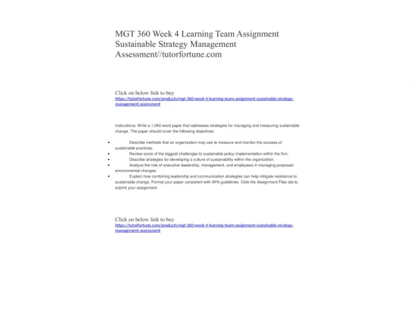 MGT 360 Week 4 Learning Team Assignment Sustainable Strategy Management Assessment//tutorfortune.com