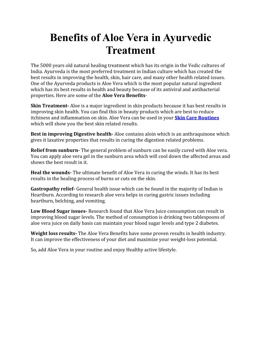 benefits ofaloe vera inayurvedic treatment