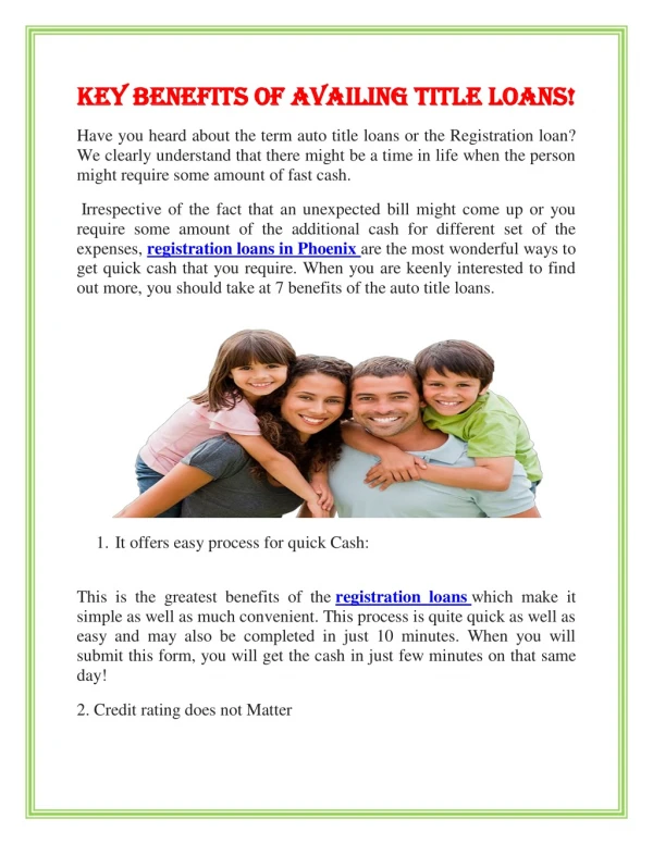 Key benefits of Availing Title Loans!