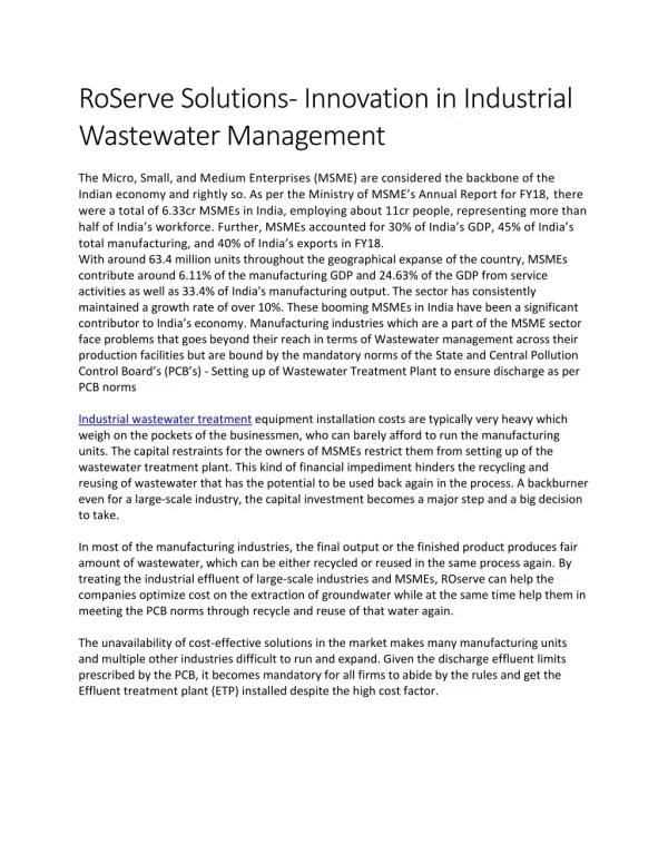 RoServe Solutions- Innovation in Industrial Wastewater Management