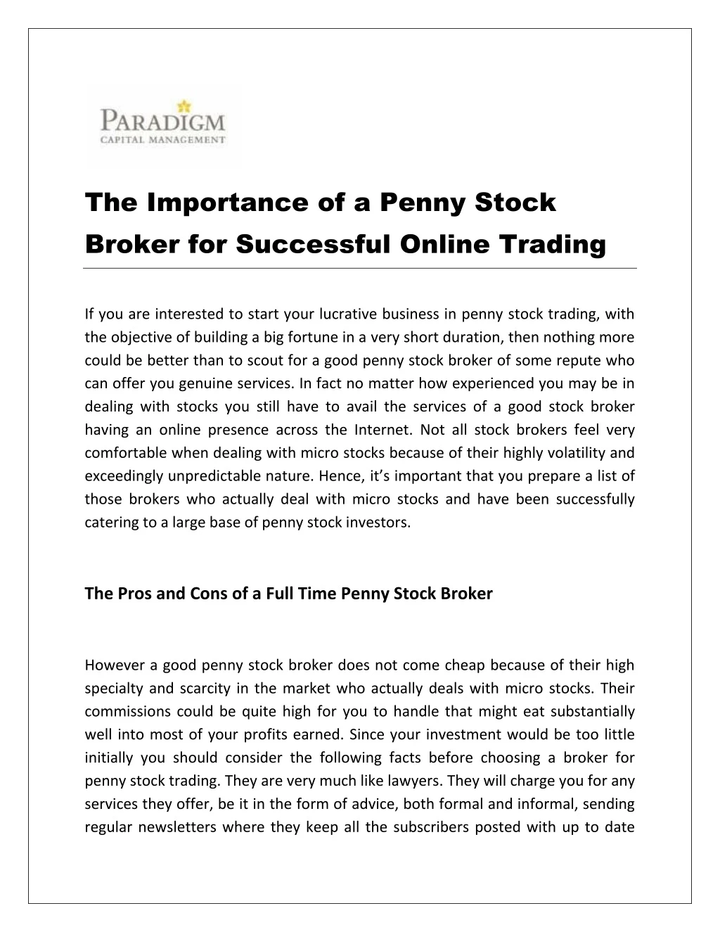the importance of a penny stock broker