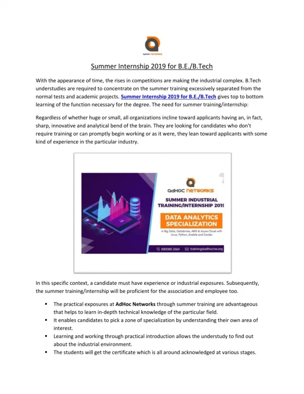 Summer Internship 2019 for B.E./B.Tech