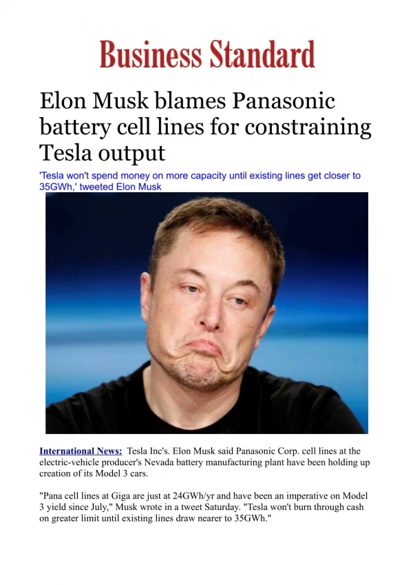 Elon Musk blames Panasonic battery cell lines for constraining Tesla output